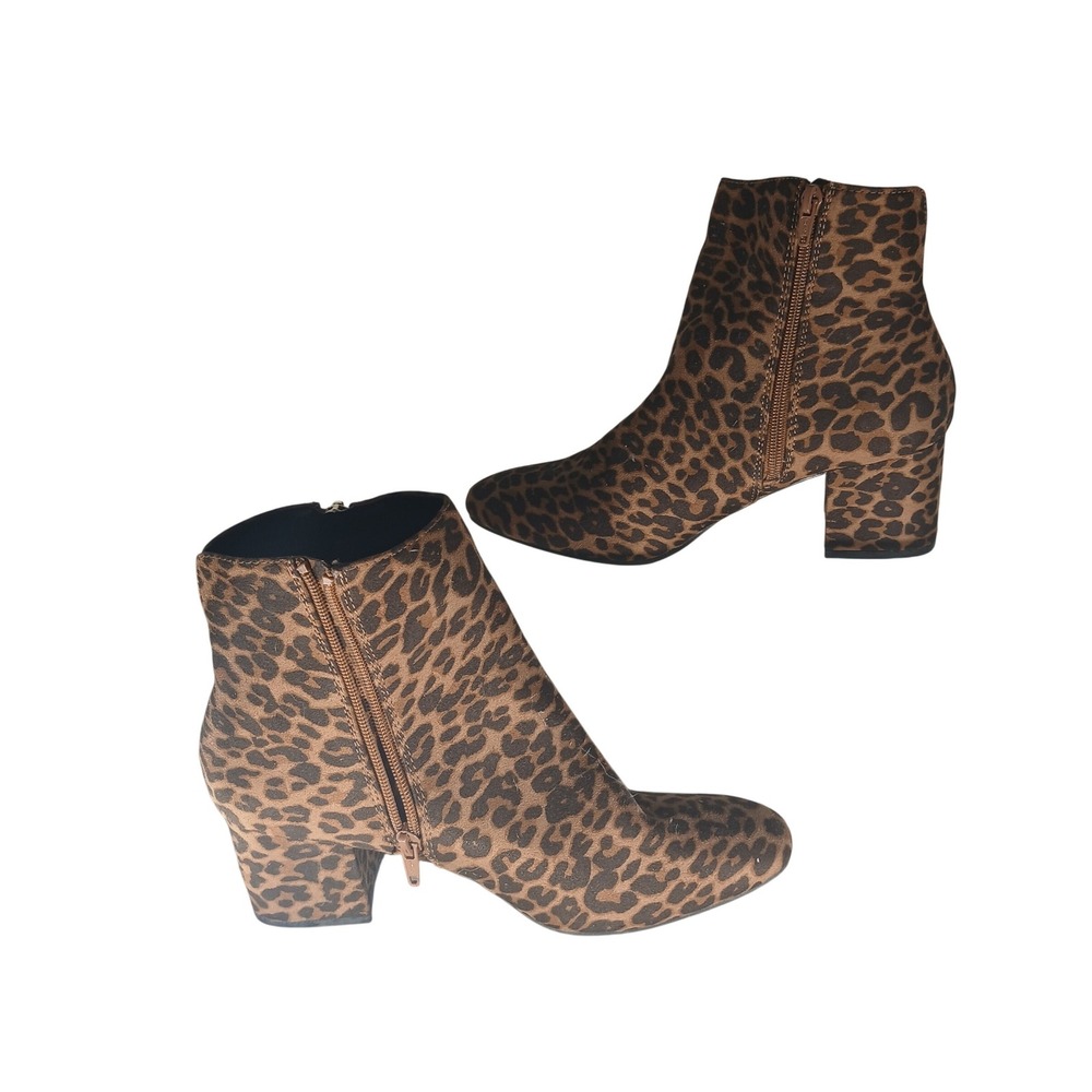 Massini Audrey Leopard Print Ankle Boot Brown Black Block Heel Side Zip Size 8.5